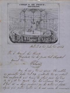 Carta de Thomas Price a Miguel de San Vicente de 3 de julio de 1861 sobre las funciones que ha de dar en la Plaza de Toros de Valencia.... 1861; 27 x 22 cm. ES.462508.ADPV/Carteles de circo/ Sig. IX.1 caja 20, legajo 74.02